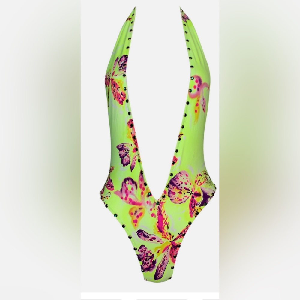 S/S 2000 Gianni Versace Runway Plunging Neon Yellow Studded
Swimsuit